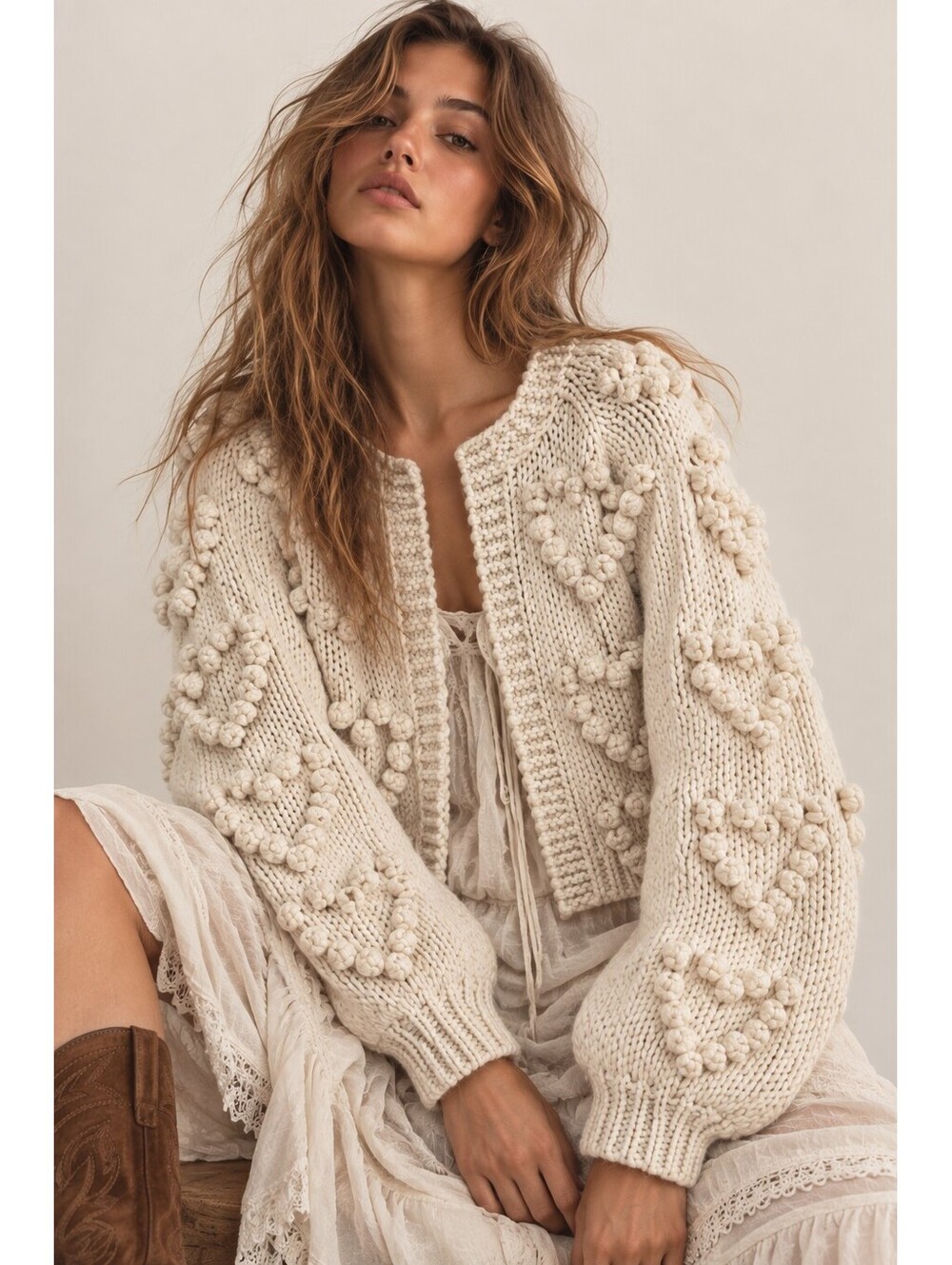 Chunky Wool Bobble Heart Cardigan Romantic Cottagecore Statement Knit Boho Small